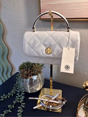 Tory Burch White Quilted Leather top handle Bag with Gold Logo